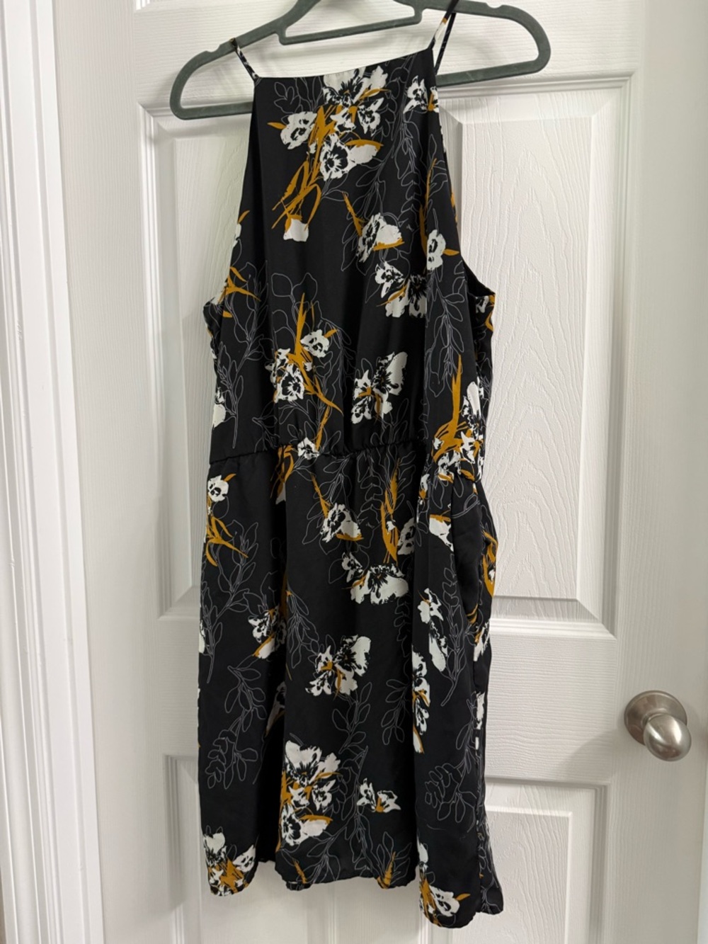 Mossimo Black Floral Halter Midi Dress With Pockets Size L Black White Mustard